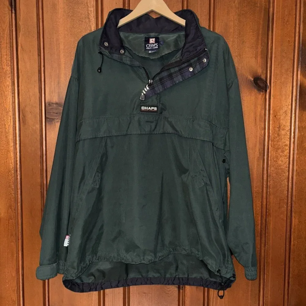 VTG Chaps Ralph Lauren Windbreaker Men Large Green Tartan Hooded Pullover Vented